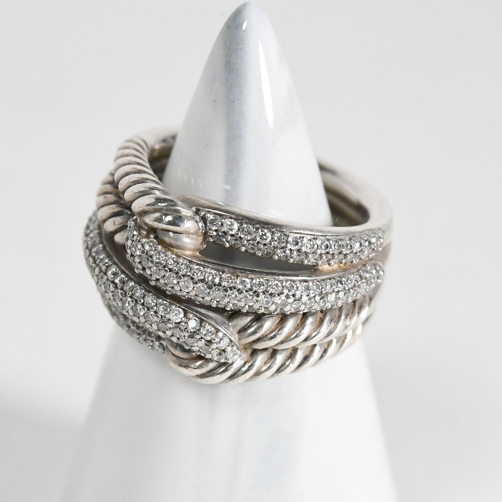 David Yurman Double Loop Diamond Ring Sterling Silver Size 6 with DY Pouch
